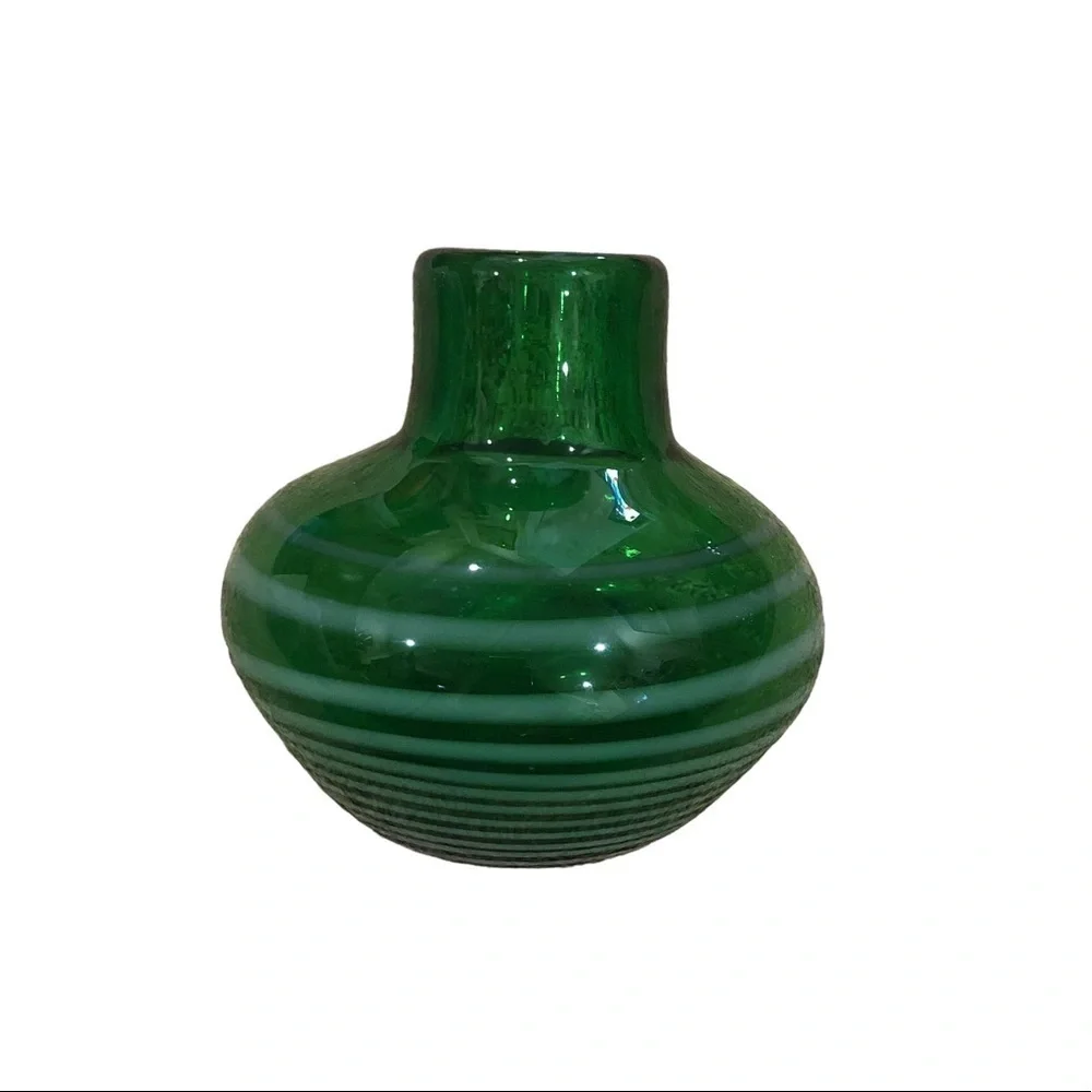 ART Glass/ Green Glass Vase / flat bottom / White swirls all the way around